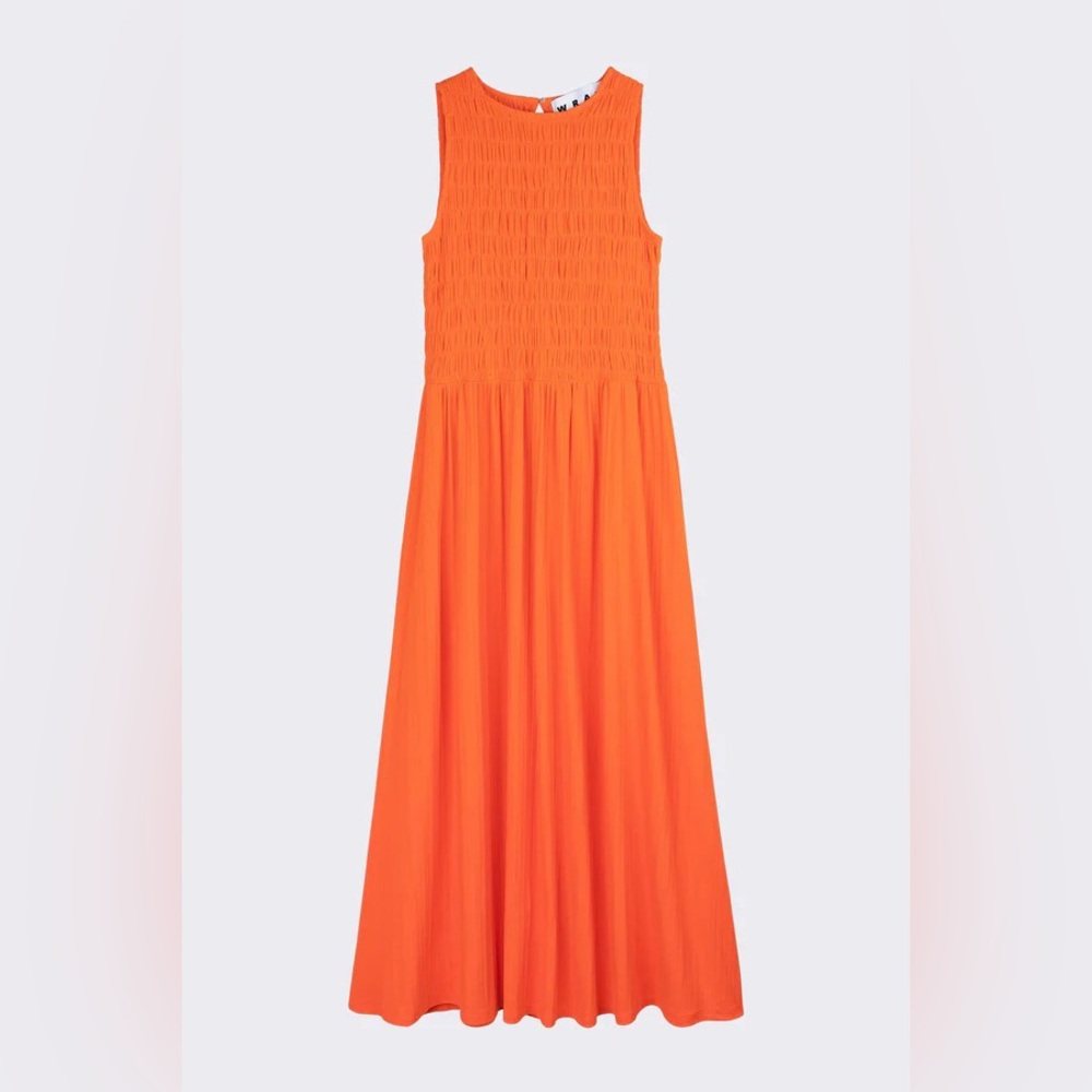 Sleeveless Orange Maxi Dress with Smocked Bodice